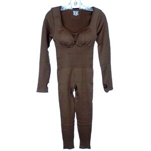 OQQ Women's Yoga Long Sleeve Ribbed Skinny Leg Pants Exercise Brown Romper M